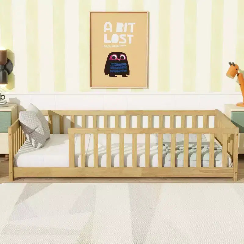 Twin Size Montessori Floor Bed with Safety Fence and Guardrails