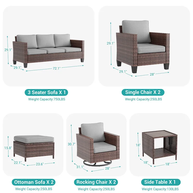 LIVOOSUN 8Pcs Patio Rocking Swivel Chair Sectional Brown Wicker Ottoman Sofa Set