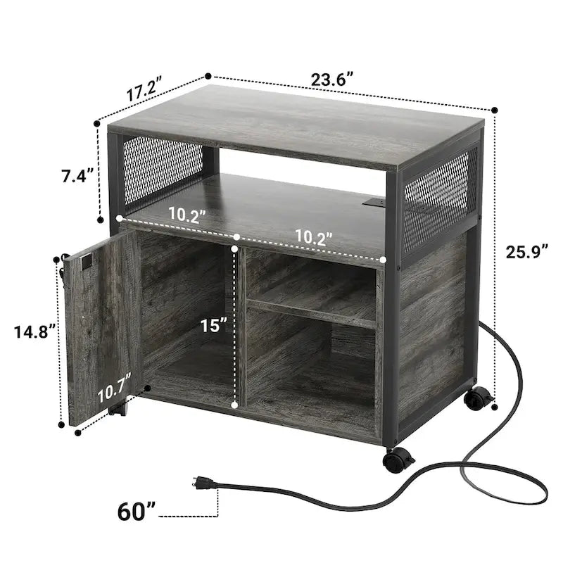 Rolling File Cabinet Lateral Office Filing Cabinets with Charging Station,Modern Printer Stand on Wheels