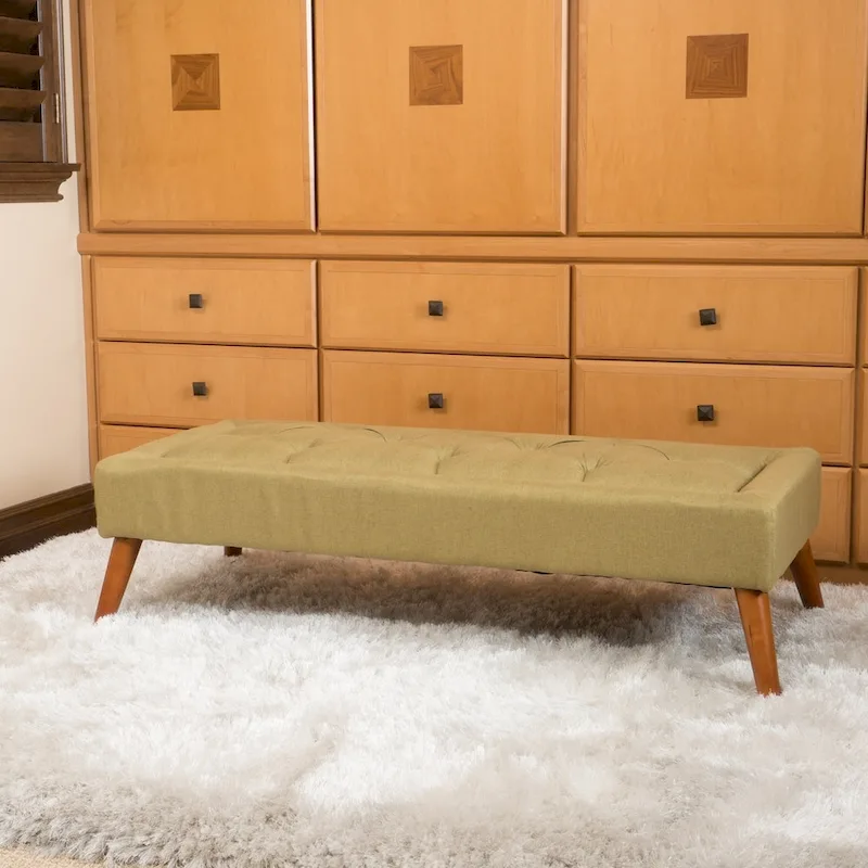 Tufted Fabric Ottoman Bench with Wooden Legs