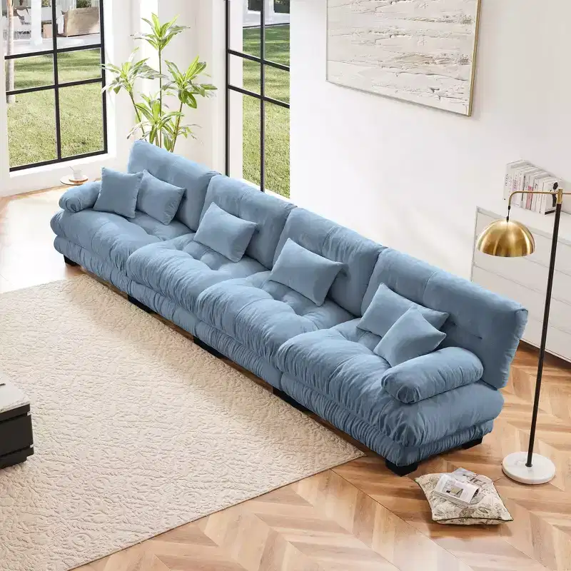 4 Seater Modular Deep Seat Chenille Sofa Couch Comfy Upholstered Sofa for Living Room Chenille Light coffee
