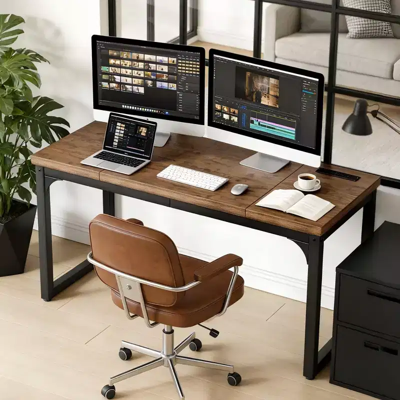 Dyonery Computer Desk with Power Outlets, 1.2 Inch Extra-Thick Home Office Desktop,Gaming Writing Work for Home Office, Rustic Brown