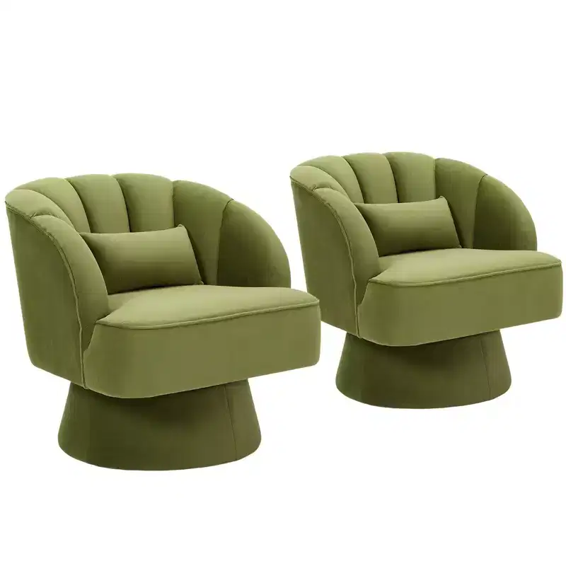 Modern Swivel Barrel Accent Chair, 360 Degree Velvet Upholstered Armchair with Striped Backrest & Plush Padding, Comfy Round Lounge Chair 2 PCS