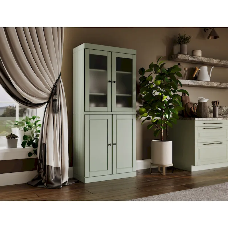 Armoire de rangement 100 % bois massif avec portes en verre dépoli, portes pleines, 2 tiroirs et étagères réglables.