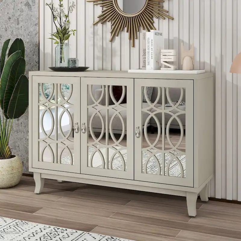 3 Door Mirrored Buffet Cabinet with Silver Handle - N/A