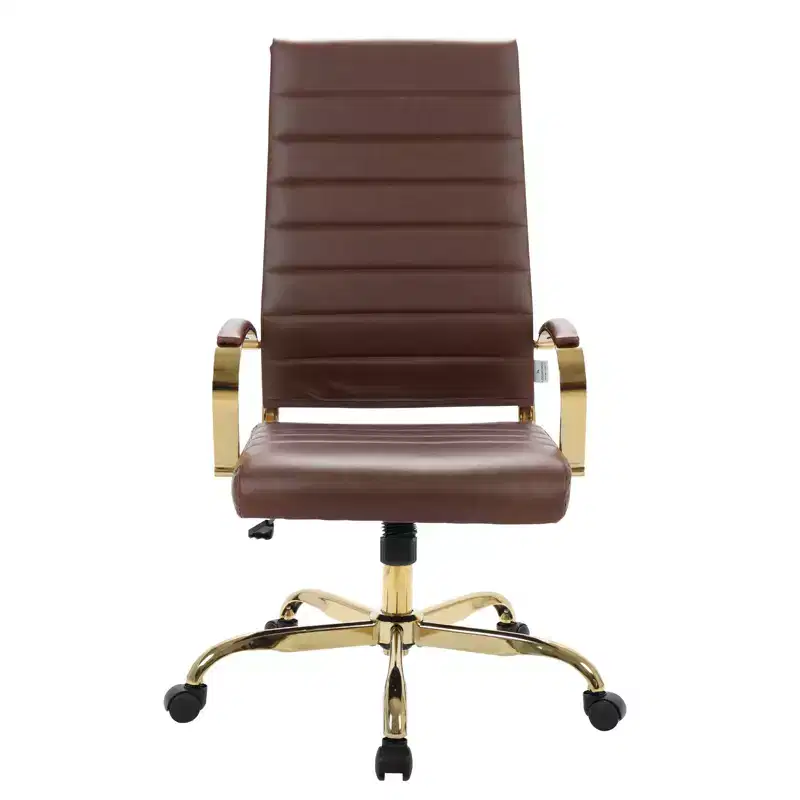 LeisureMod Benmar High-Back Ribbed Leather Office Chair - Modern Swivel & Tilt Executive Desk Chair - Gold Base