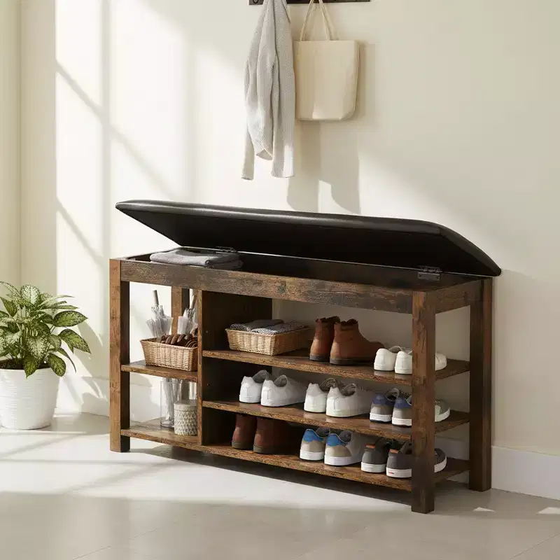 Lift-Top Shoe Bench with Adjustable Lower Shelves and Hidden Storage