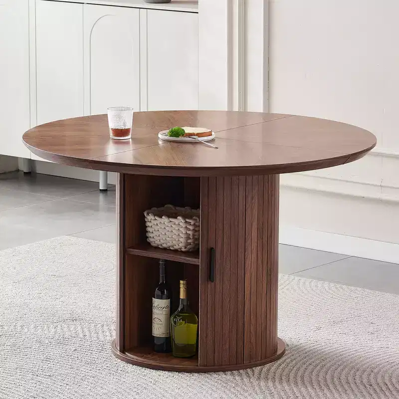 Round Dining Table with 2-Tier Storage Shelves, Wooden Table with Sliding Storage Doors, Large Storage Table for Kitchen & Living Room