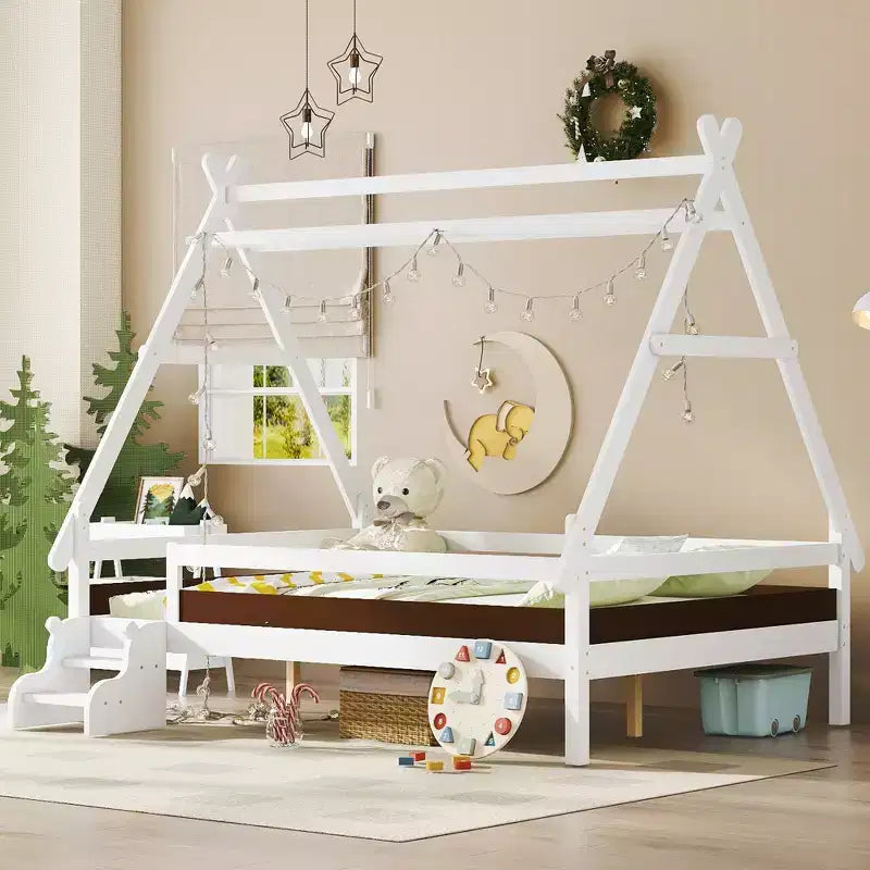 Full Size House-Shaped Kids Platform Bed with Stairs - Solid Wood, White