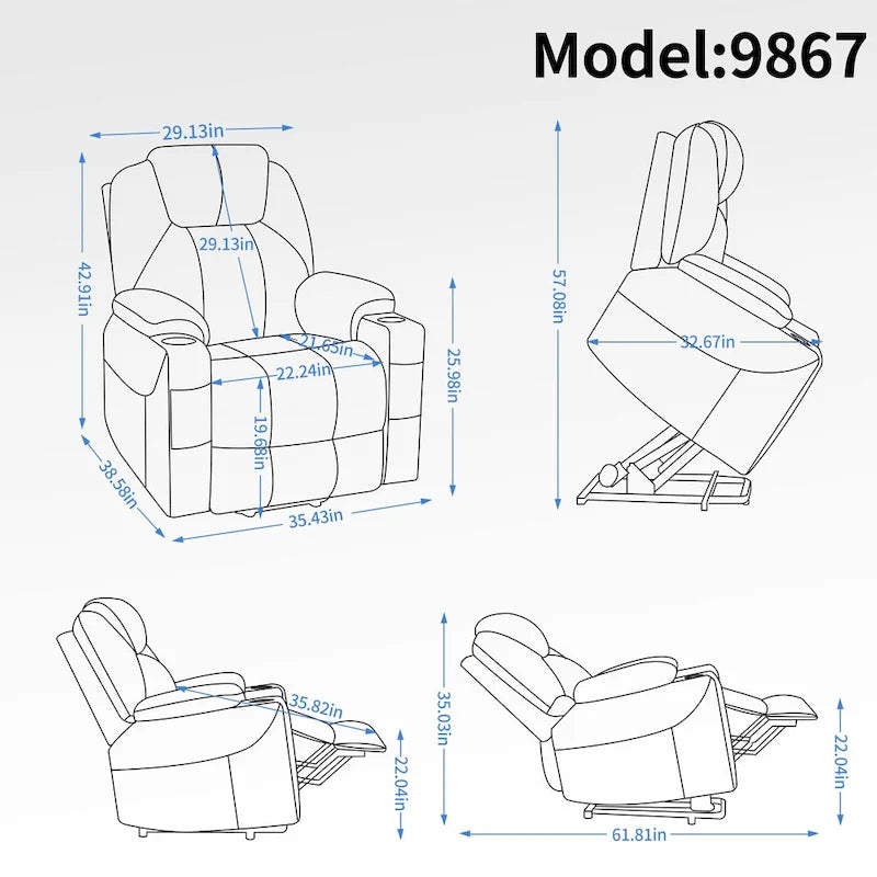 Power Lift Recliner | 8-Point Massage | Lumbar Heat | Dual USB | Steel Cup Holders | Blue