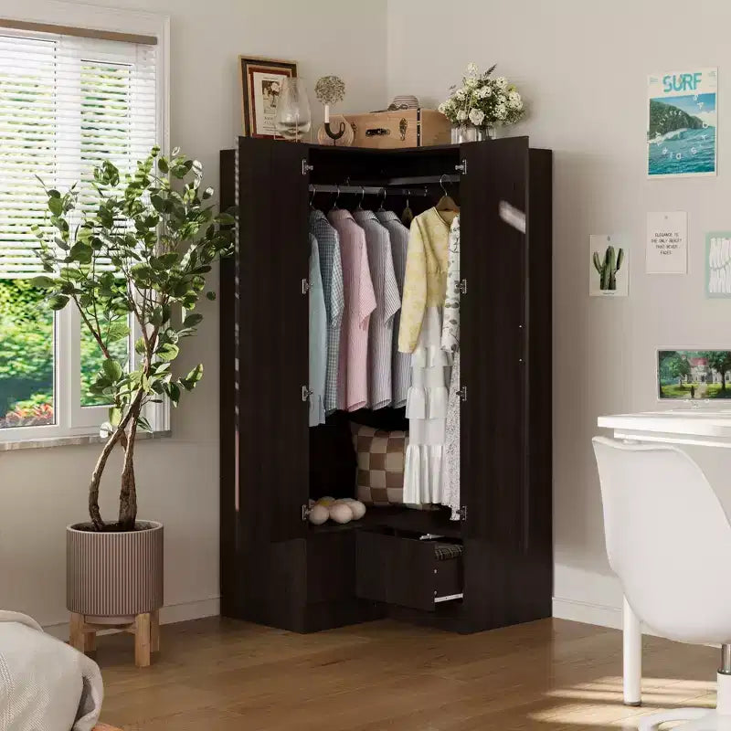 Hitow Minimalist Armoire Corner Wardrobe Double Door and Drawer Designs