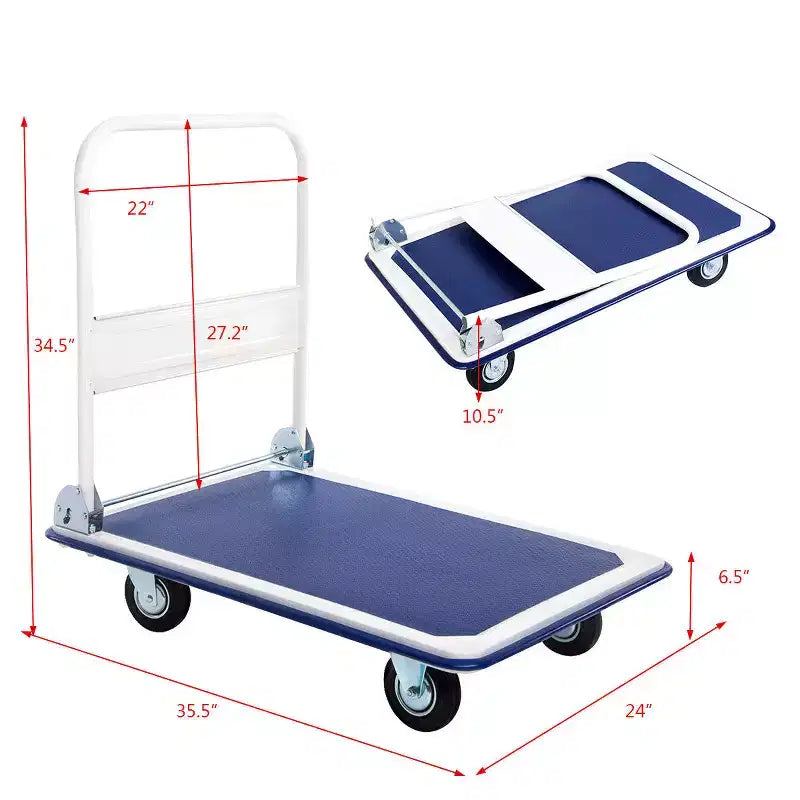 660 lb Folding Platform Cart Dolly, Moving Warehouse Push Hand Truck, Blue/Yellow