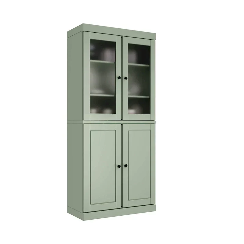 Armoire de rangement 100 % bois massif avec portes en verre dépoli, portes pleines, 2 tiroirs et étagères réglables.