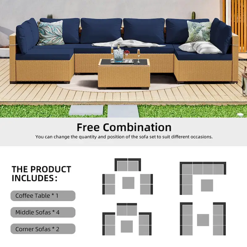 Patio Watcher 7-Piece Patio Yellow Wicker Sectional Seating Group with Cusions and Side Table