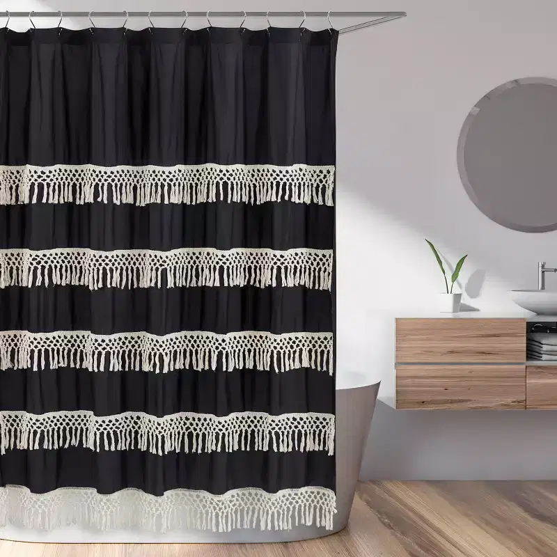 Sweet Jojo Designs Shower Curtain 72in.x72in. Boho Fringe Black and Ivory