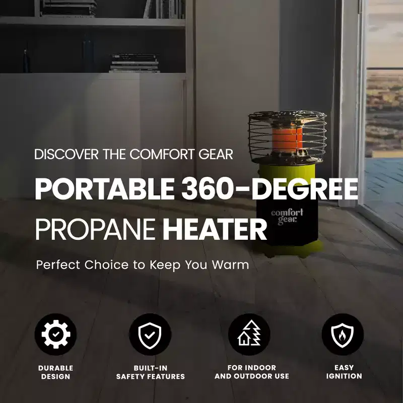 Comfort Gear Portable 360-Degree Propane Heater for Indoor/Outdoor Use, 7,500-10,000 BTU, Ideal for Patio, Garage, Camping, Tent, 1 Pound LP Tank