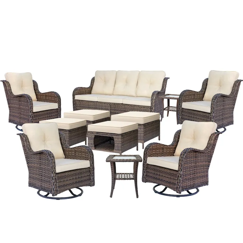Patio Furniture-11 Piece Wicker Patio Furniture Set with Swivel Chairs