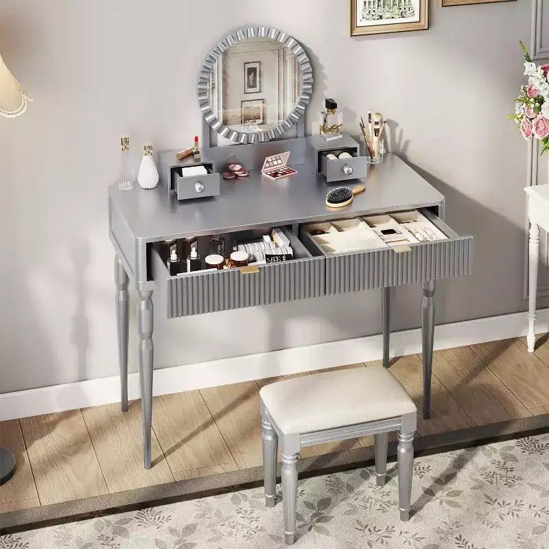 Okak Elegent Vanity Desk with Round Mirror, Height-Adjustable Makeup Vanity with Padding Stool, Vanity Table for Living Room, Silver