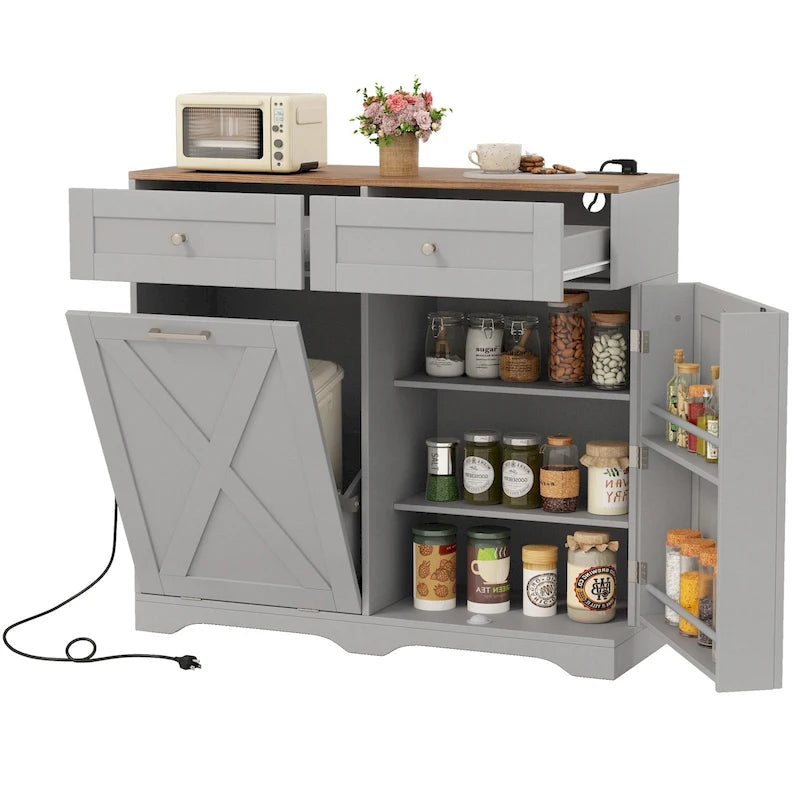 Tilt-Out Trash Can Cabinet with Outlets, 2 Drawers and Adjustable Shelf