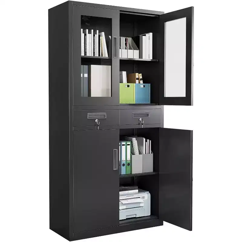 Acekool 71 Storage Cabinet with Glass Doors, Adjustable Shelves and Lockable Drawers, Vertical Metal Organizer for Home Office, Garage, Utility Room