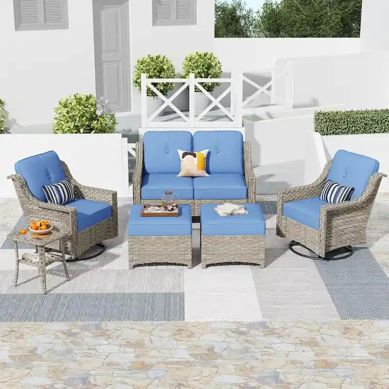 HOOOWOOO 6-piece Wicker Furniture Patio Loveseat Sofa Conversation Set with Swivel Chair