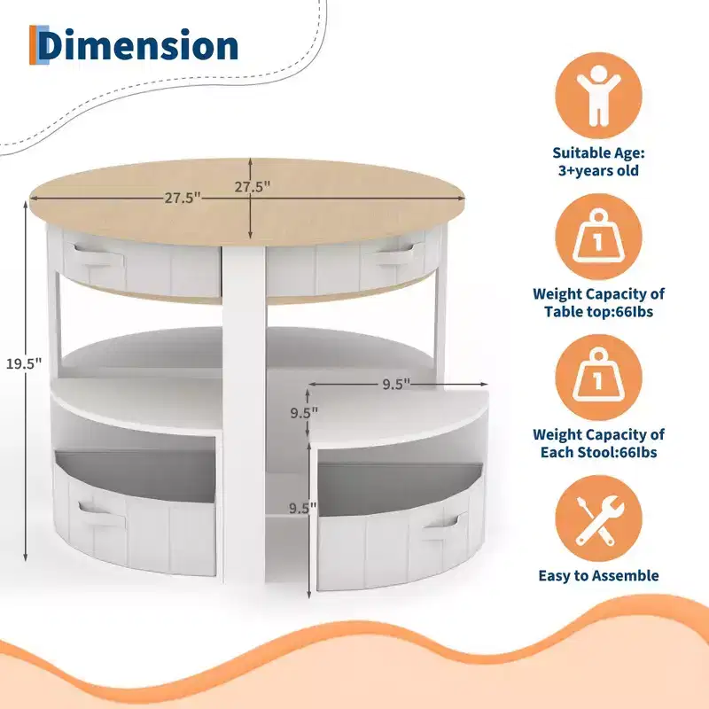 Kids Table and Chair Set, 5 Pieces Wooden Round Nesting Design Children Multi-Activity Table With 4 Storage Stools & 4 Fabric Drawers