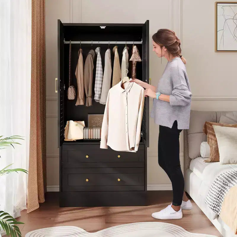 Spacious Wooden Wardrobe Closet  65 Louvered Doors, 2 Drawers, Hanging Rod, Durable Composite Wood, Bedroom/Laundry/Entryway Storage