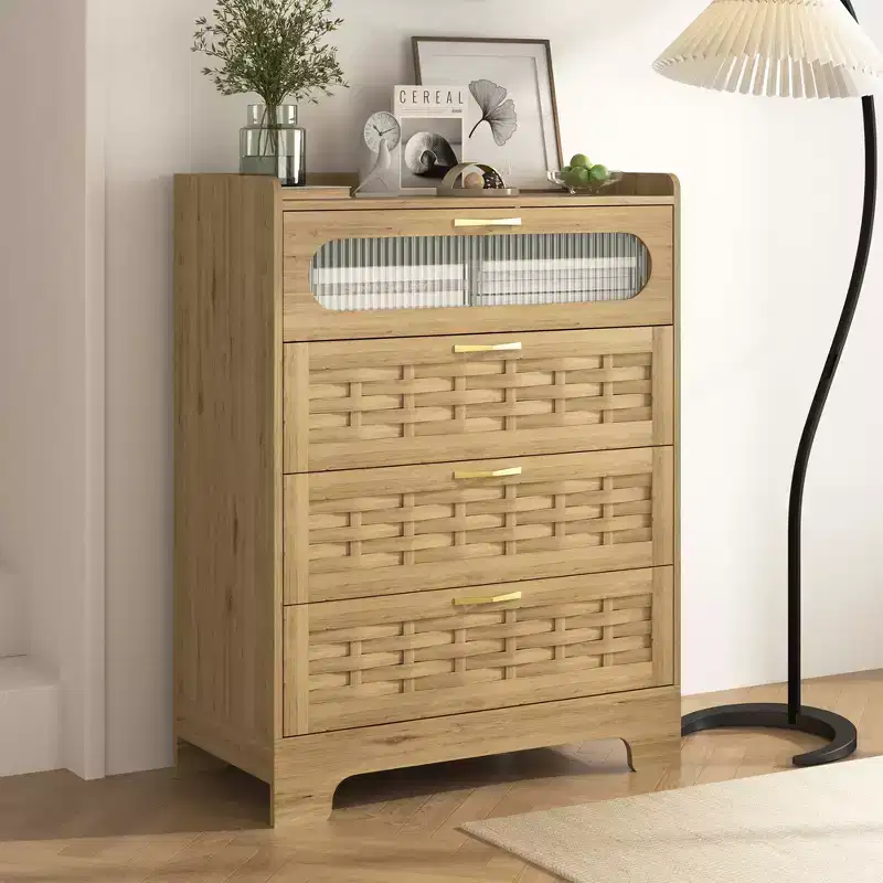 4-Drawer Dresser with Woven Wood Top, Gold Handles and Acrylic Door