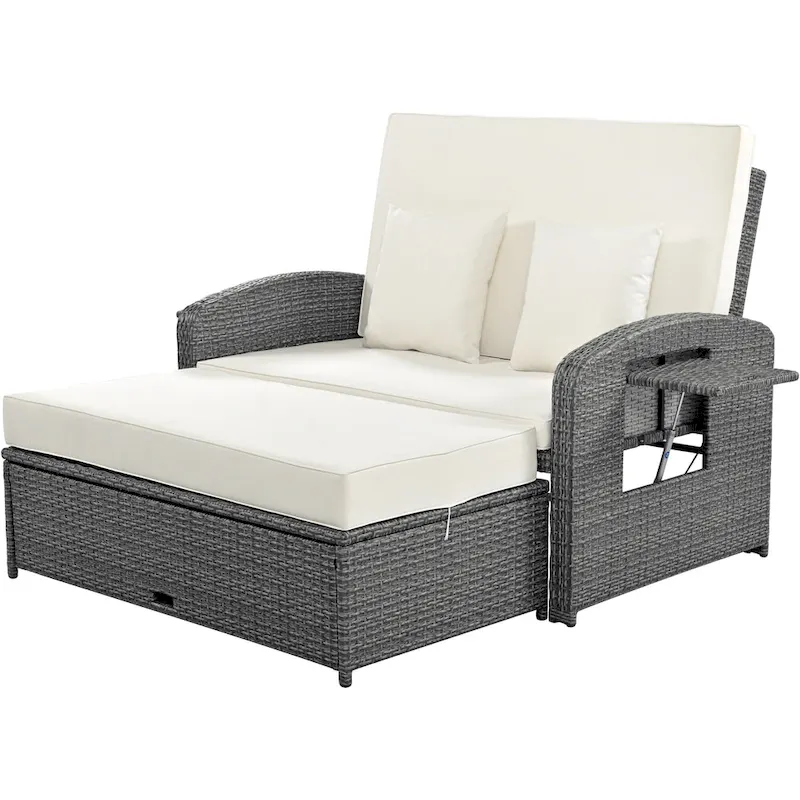 PE Wicker Rattan Double Chaise Lounge, 2-Person Reclining Daybed with Adjustable Back and Cushions, Patio Sun Lounger