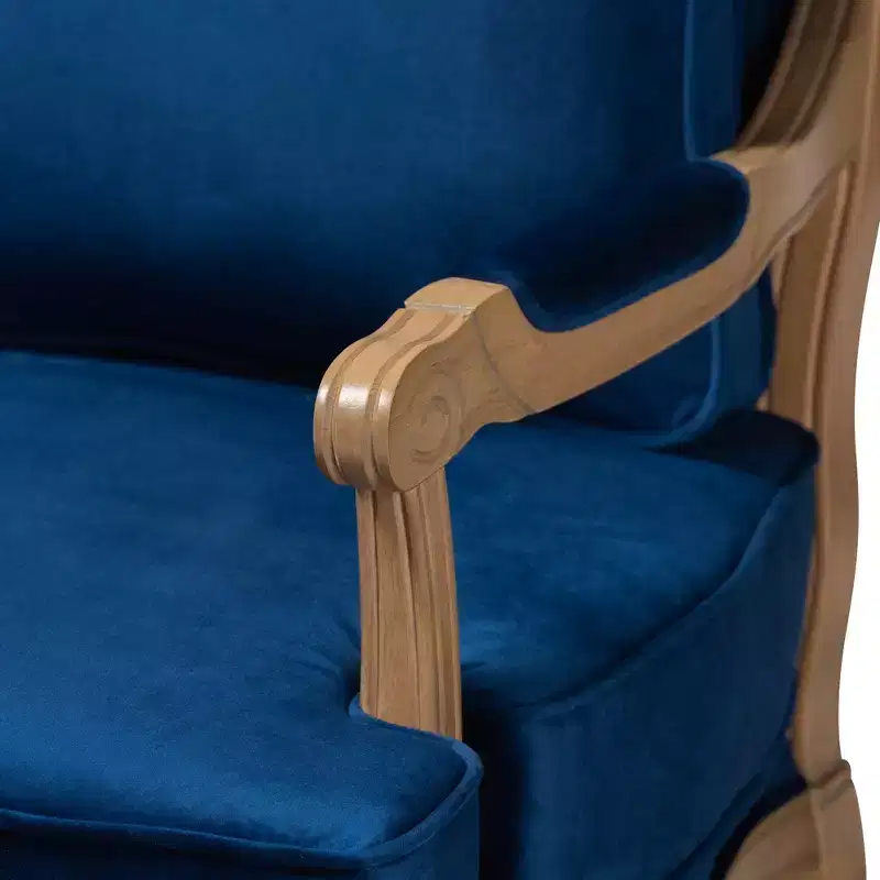 Traditional Navy Blue Fabric and French Oak Brown Finished Wood Accent Chair