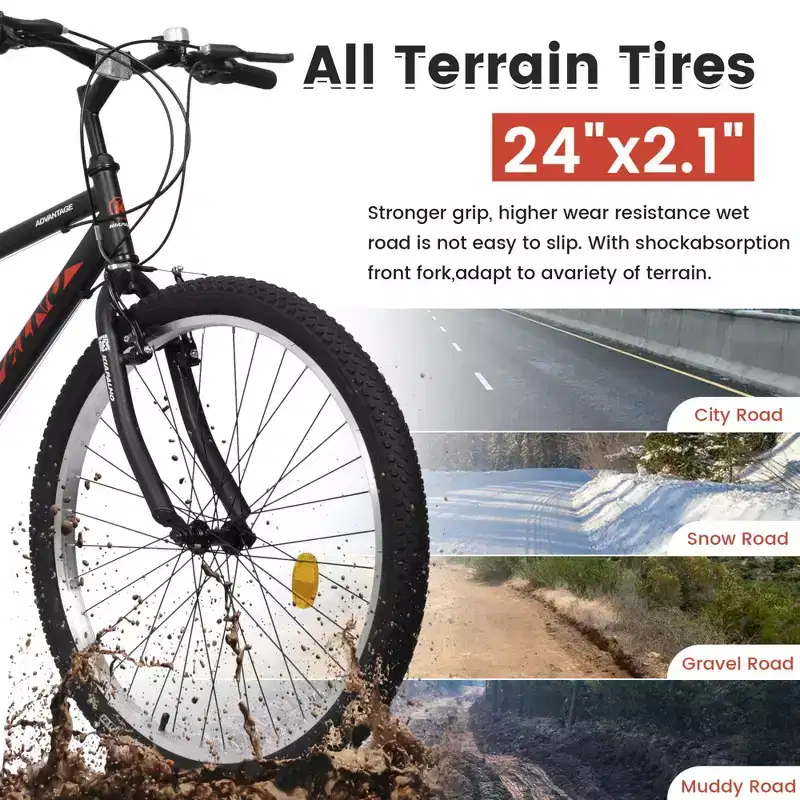 NAYSAYE Bicycle 24 Inch Mountain Bike Frame 21 Speed Dual V Brakes for Adults and Teens for Mountain Riding, Black and Red, 64.57*24.8*34.65