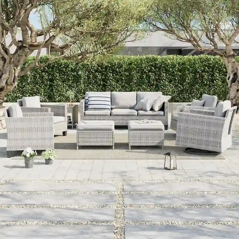 LIVOOSUN 8Pcs Patio Rocking Swivel Chair Sectional Brown Wicker Ottoman Sofa Set
