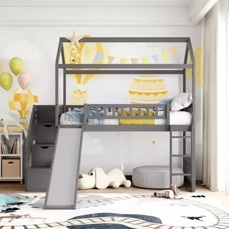 Whisen 94.20''L  93.30''W Twin Size Wood Loft Bed House Bed with Two Drawers and Slide
