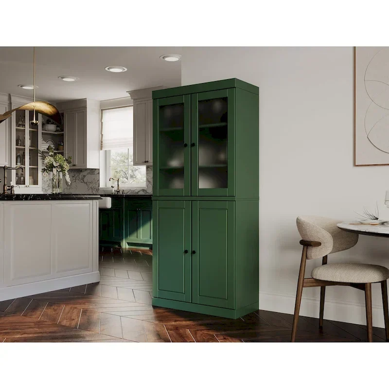 Armoire de rangement 100 % bois massif avec portes en verre dépoli, portes pleines, 2 tiroirs et étagères réglables.