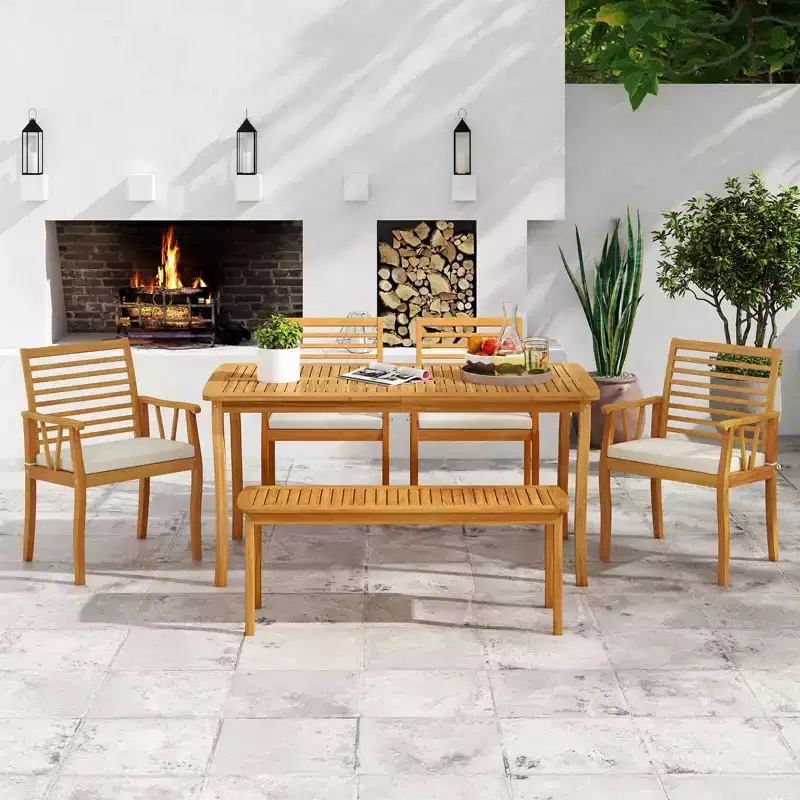 Costway 6PSCPatioDiningSet AcaciaWoodTableandBenchChairswith 1.97 Umbrella Hole