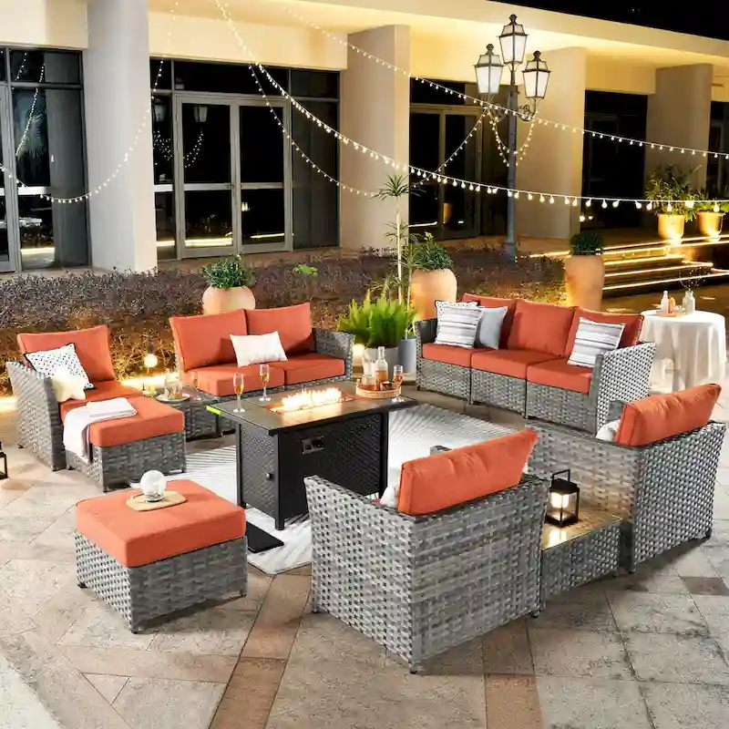 HOOOWOOO 13-piece Wicker Rattan Patio Sectional Conversation Set with Fire Pit