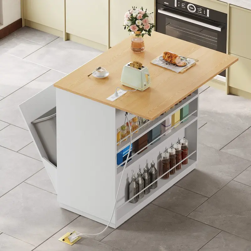 Kitchen Island Drop Leaf with Double Tilt Out Trash Cabinet