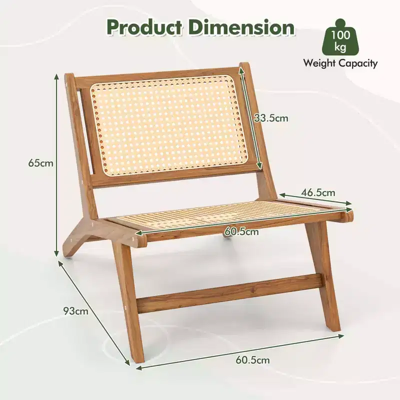 Costway 1/2 PCS Mid Century Modern Teak Wooden Chair with Handwoven Rattan Seat & Backrest