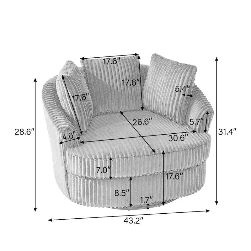 Fauteuil pivotant surdimensionné 43 W en velours côtelé pelucheux avec accoudoirs encastrés