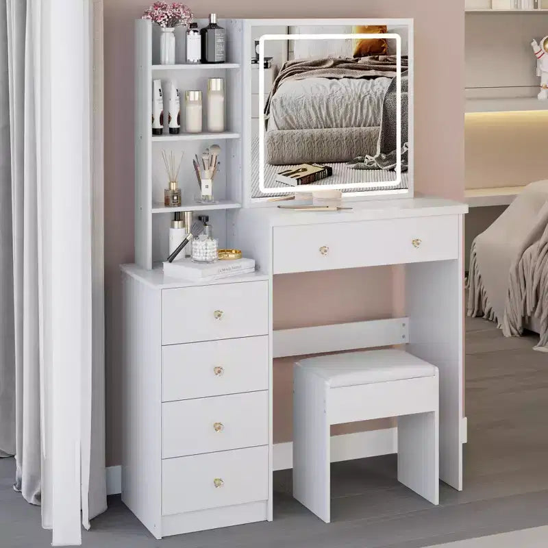Okak 37 Vanity Table with Cushioned Stool and Large Sliding Mirror, Makeup Vanity with High Capacity Storage, Dressing Table for Home, White