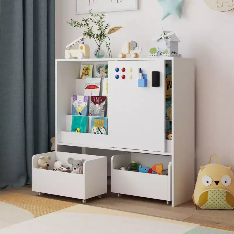Famapy White Kids Storage Bookshelf Toy Storage Cabinet Sliding Door + Rolling Bins + Multi-Tier Shelves