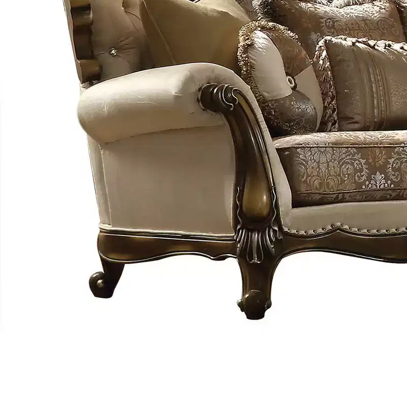 74" Latisha Sofa Tan, Pattern Fabric and Antique Oak Finish - Acme Furniture: Traditional Upholstered Loveseat, Tufted Design