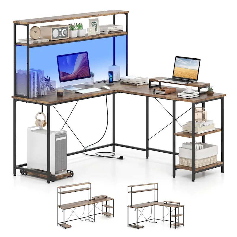 Costway L-Shaped Gaming Desk with LED Strip & Power Outlets Hutch - See Details
