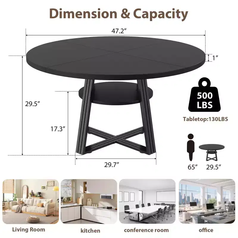 Round Dining Table for 4-6, 47.2 in Farmhouse Kitchen Table with Storage, Circle Dinner Tables for Kitchen, Dining Room, Living Room, Meeting Room