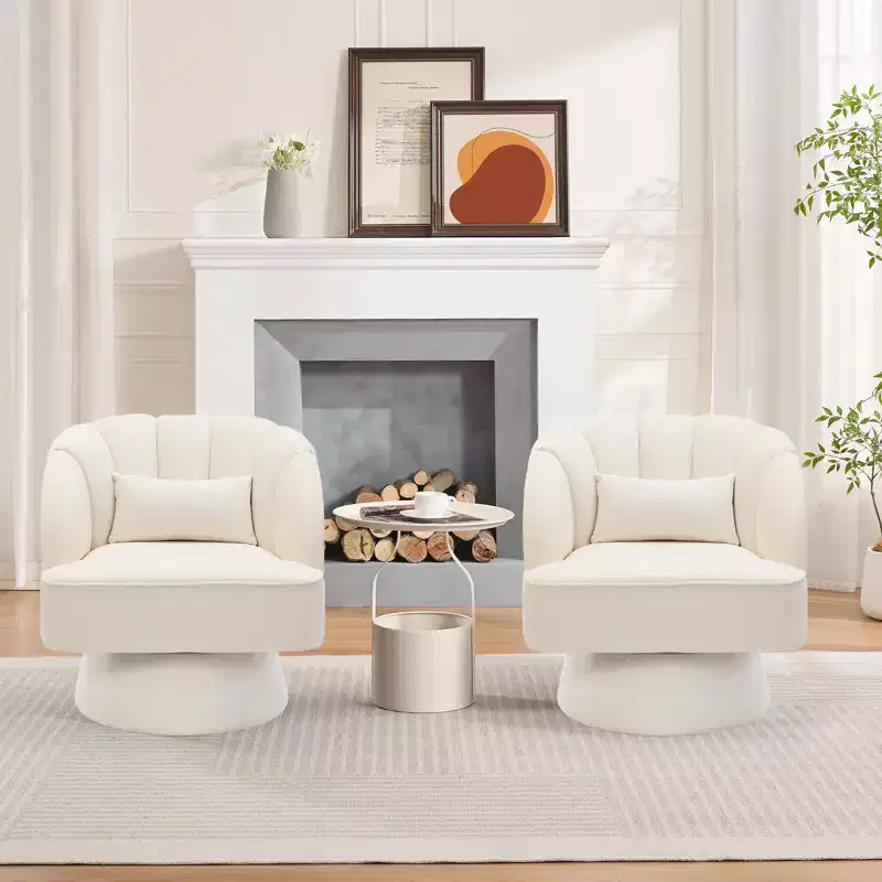 Modern Swivel Barrel Accent Chair, 360 Degree Velvet Upholstered Armchair with Striped Backrest & Plush Padding, Comfy Round Lounge Chair 2 PCS