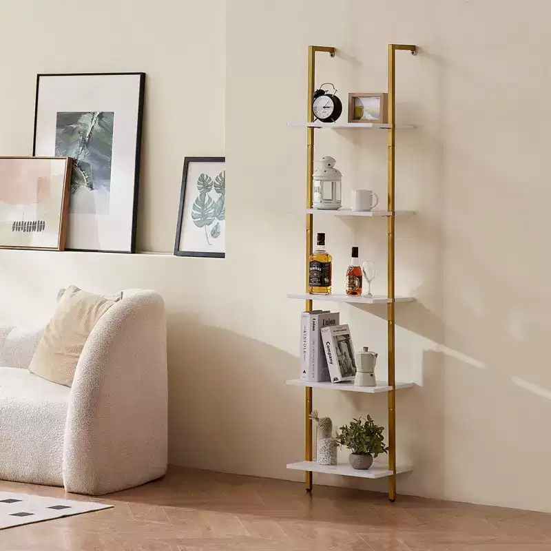 5-Tier Wall-Mounted Ladder Shelf with Metal Frame, 70