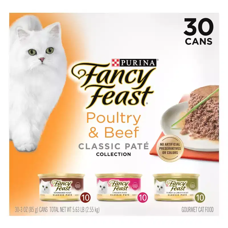 Purina Fancy Feast Beef and Chicken Flavor Classic Pate Collection Variety Pack Grain Free Wet Cat Food - 30pk