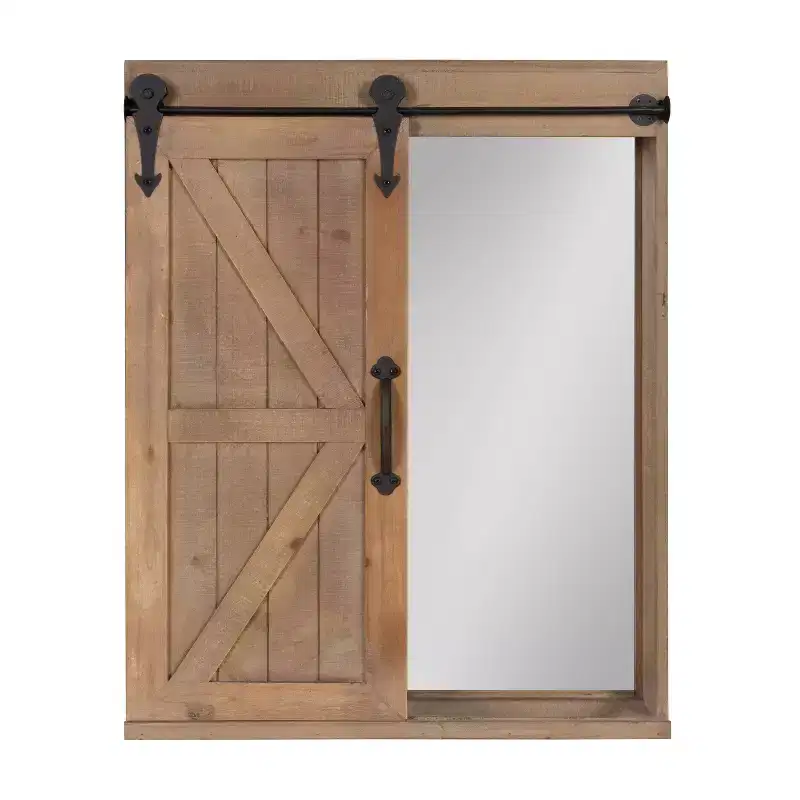 Rustic Wood Wall Storage Cabinet with Vanity Mirror & Sliding Barn Door – 3 Shelves