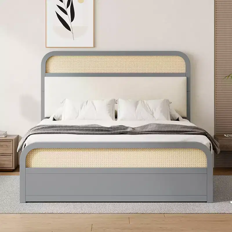 Whisen Queen Size Wooden Platform Bed with Trundle and 2 Drawers
