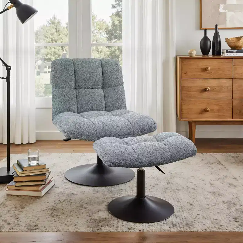 Art Leon Leisure Linen Fabric Swivel Accent Chair with Ottoman, Wood and Metal Frame